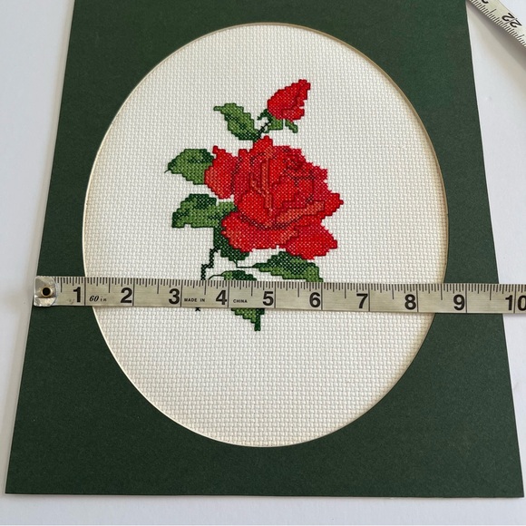 Vintage Cross Stitch Red Rose Flower Art Handmade - Picture 4 of 6